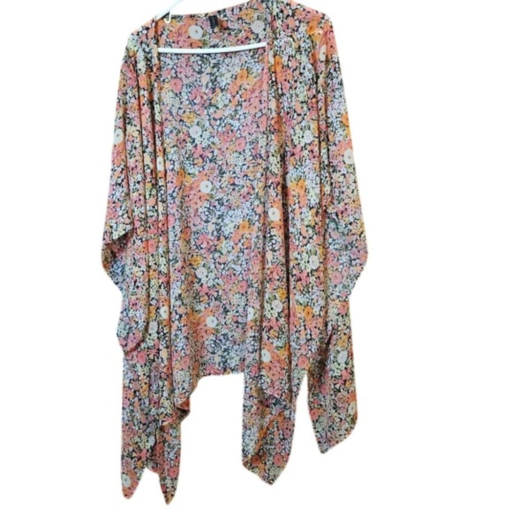 Lane Bryant One Size Multicolor Floral Cardigan Kimono Sheer Boho Cover-Up *read